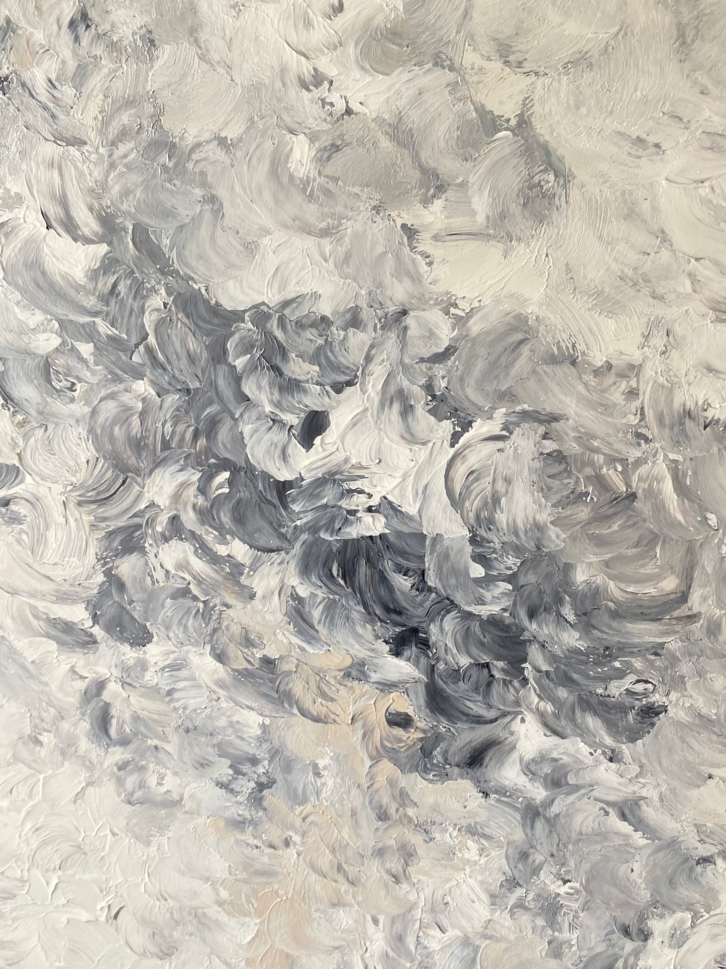 Abstract gray and white painting with textured brush strokes