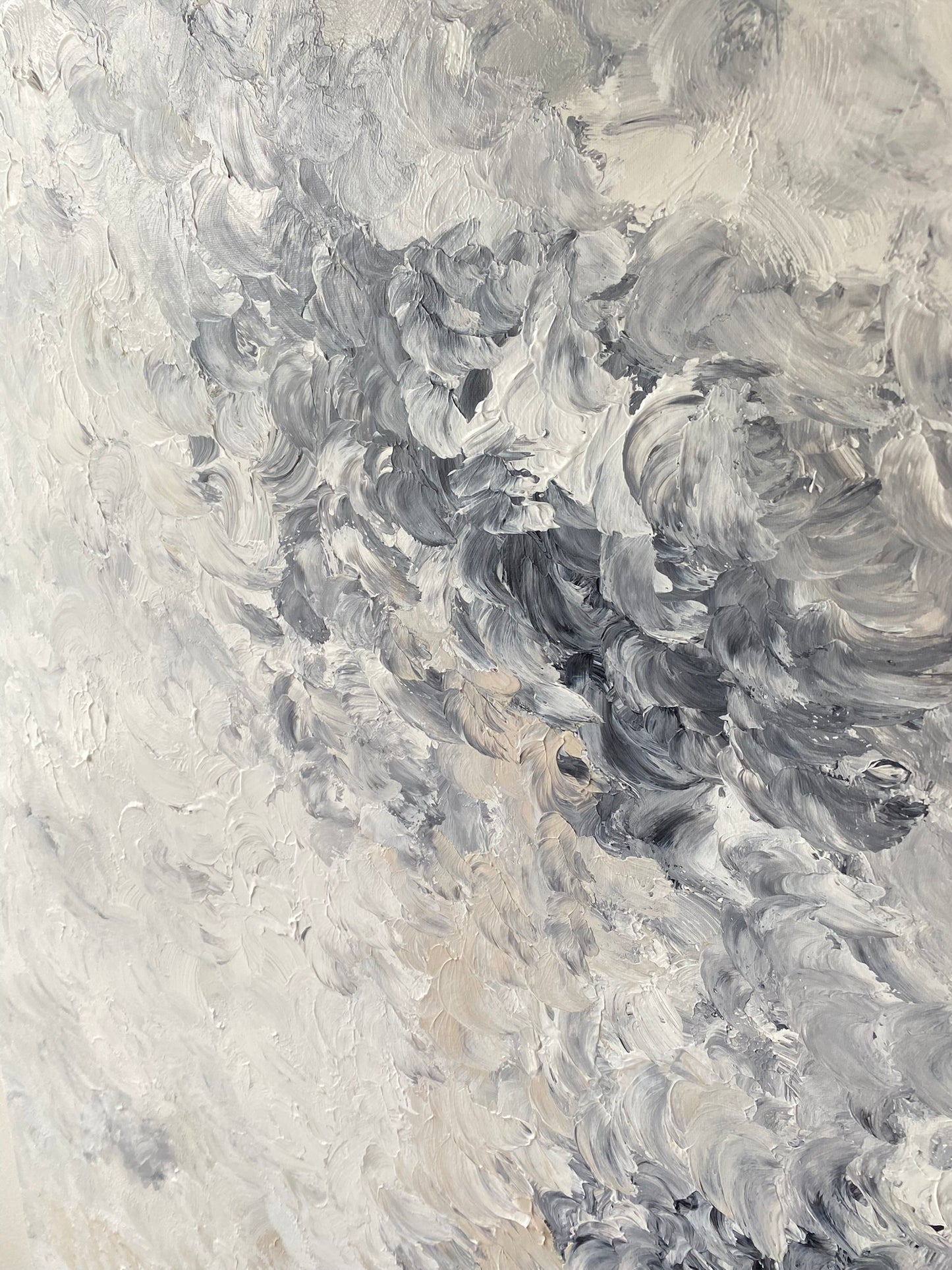 Abstract painting with swirling gray and white brushstrokes