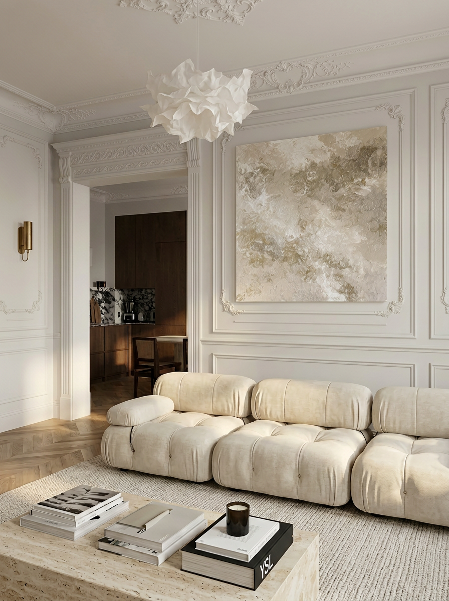 Modern living room with a beige sofa, coffee table, and decorative wall art.